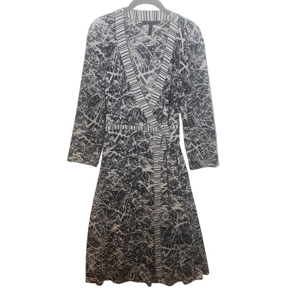 BCBG MAXAZRIA Wrap Dress L Black Combo Gray Stretch Tie Belt - Picture 1 of 8